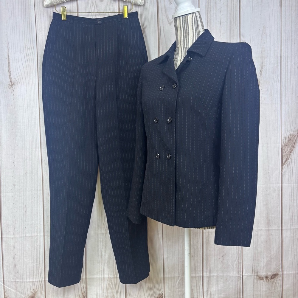 Dressbarn Pinstripe Blazer & Pants Set Double Breasted Business Office Black 4
